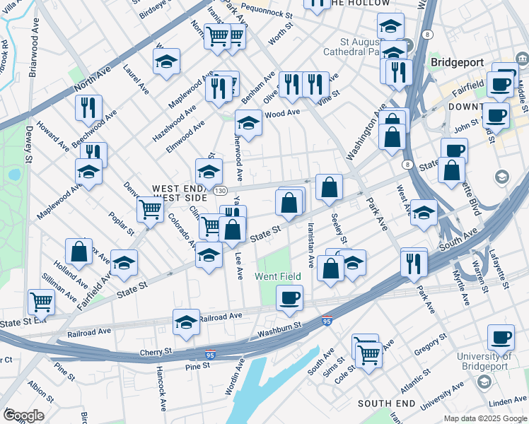 map of restaurants, bars, coffee shops, grocery stores, and more near 70 Fremont Street in Bridgeport