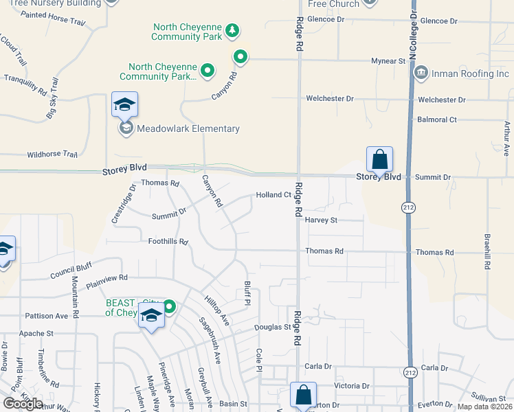 map of restaurants, bars, coffee shops, grocery stores, and more near 3219-3399 Holland Ct in Cheyenne