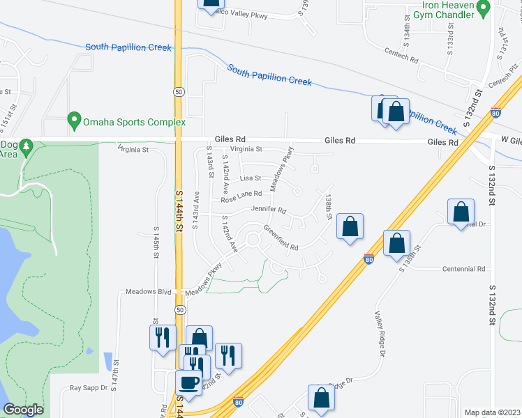 map of restaurants, bars, coffee shops, grocery stores, and more near Jennifer Road in Omaha