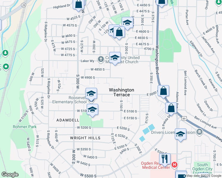 map of restaurants, bars, coffee shops, grocery stores, and more near 125 West 4900 South in Washington Terrace