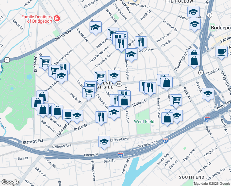 map of restaurants, bars, coffee shops, grocery stores, and more near 1181 Fairfield Avenue in Bridgeport