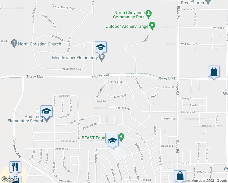 map of restaurants, bars, coffee shops, grocery stores, and more near 6003 Highview Court in Cheyenne