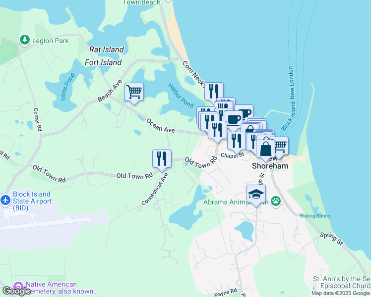 map of restaurants, bars, coffee shops, grocery stores, and more near 165 Ocean Avenue in New Shoreham