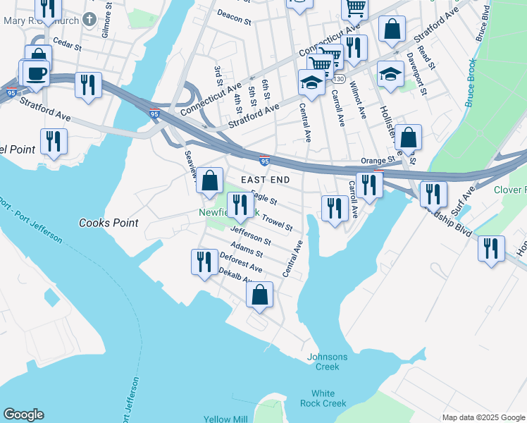 map of restaurants, bars, coffee shops, grocery stores, and more near 342 Newfield Avenue in Bridgeport