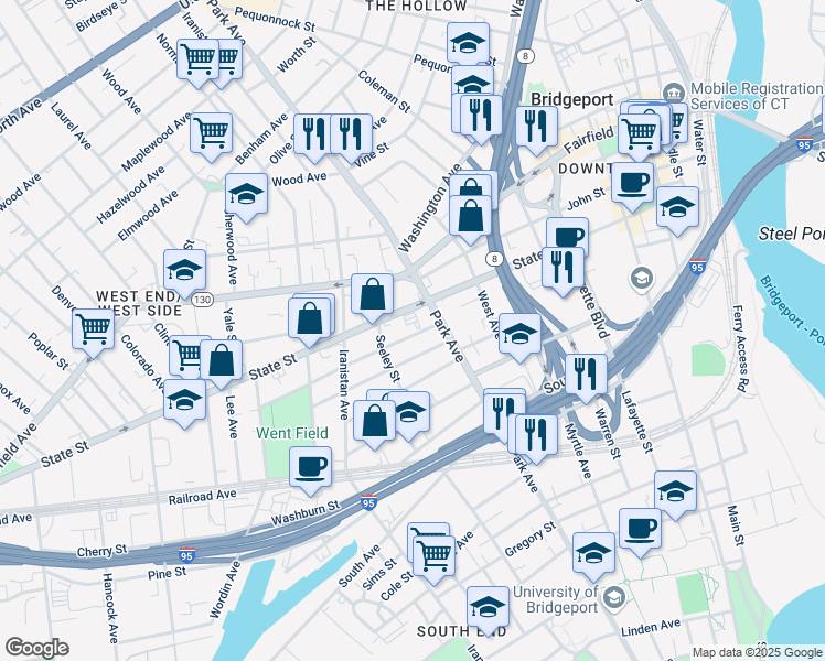 map of restaurants, bars, coffee shops, grocery stores, and more near in Bridgeport