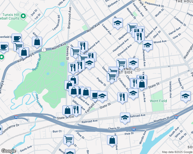 map of restaurants, bars, coffee shops, grocery stores, and more near 146 Poplar Street in Bridgeport