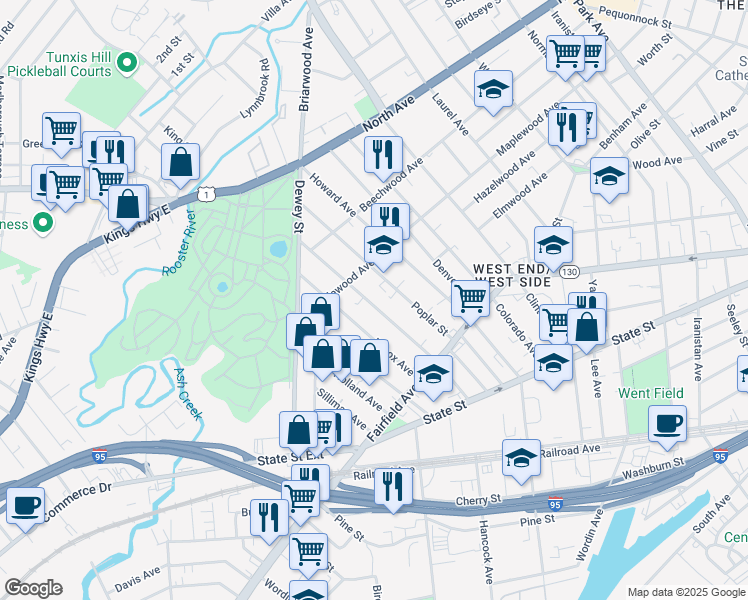 map of restaurants, bars, coffee shops, grocery stores, and more near 217 Poplar Street in Bridgeport