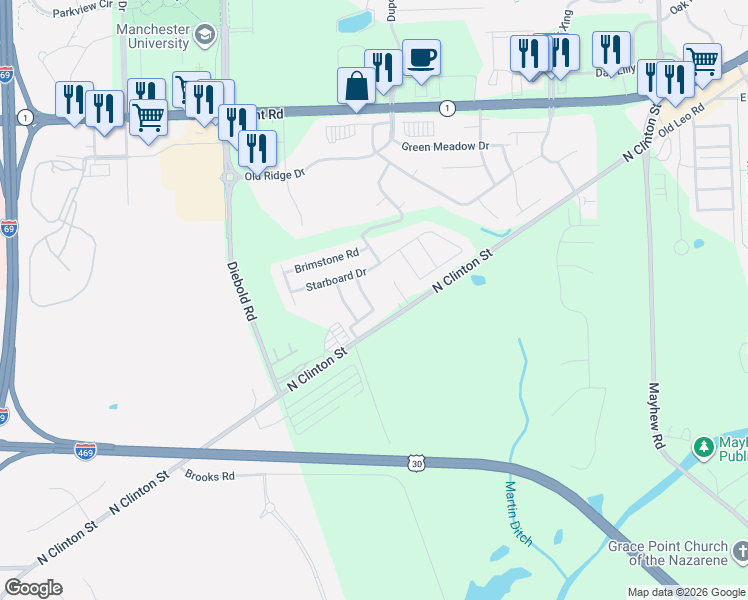 map of restaurants, bars, coffee shops, grocery stores, and more near 9600-9798 Springvale Drive in Fort Wayne