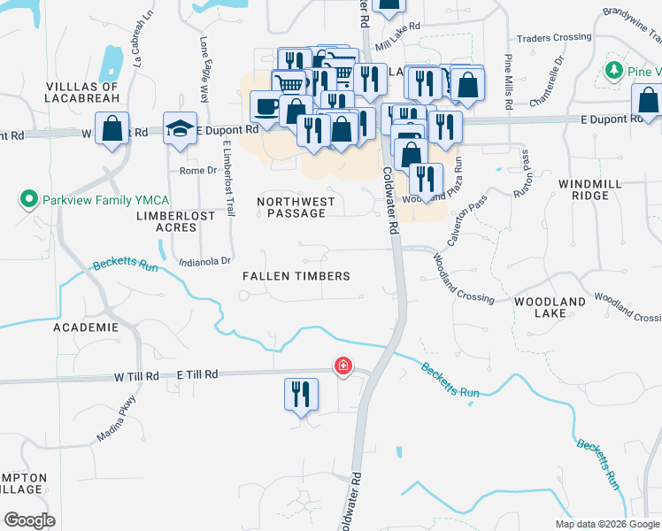map of restaurants, bars, coffee shops, grocery stores, and more near 606 Choctaw Pass in Fort Wayne