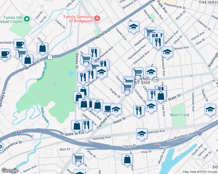 map of restaurants, bars, coffee shops, grocery stores, and more near 132 Poplar Street in Bridgeport