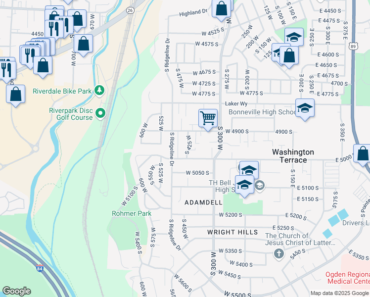 map of restaurants, bars, coffee shops, grocery stores, and more near 4940 South 425 West in Washington Terrace