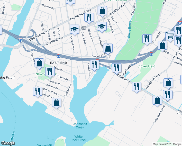 map of restaurants, bars, coffee shops, grocery stores, and more near 62 Carroll Avenue in Bridgeport
