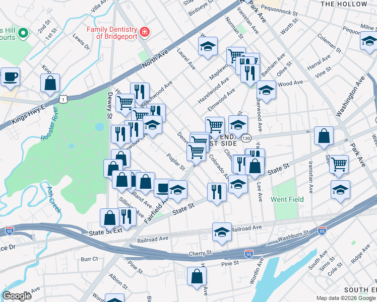 map of restaurants, bars, coffee shops, grocery stores, and more near 912-914 Howard Avenue in Bridgeport