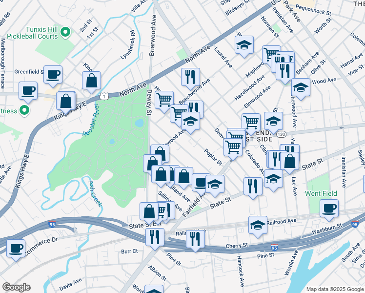 map of restaurants, bars, coffee shops, grocery stores, and more near 217 Poplar Street in Bridgeport