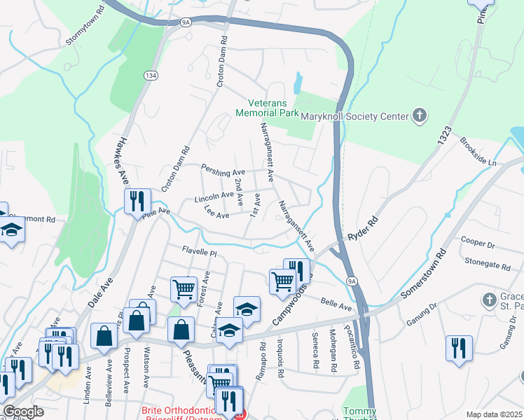 map of restaurants, bars, coffee shops, grocery stores, and more near 17 1st Avenue in Ossining