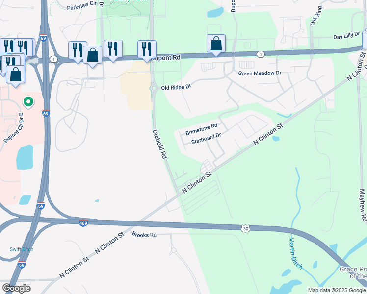 map of restaurants, bars, coffee shops, grocery stores, and more near 9800-9898 Foraker Drive in Fort Wayne