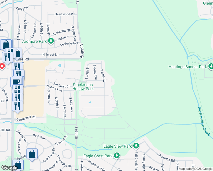 map of restaurants, bars, coffee shops, grocery stores, and more near 8505 South 64th Street in Omaha
