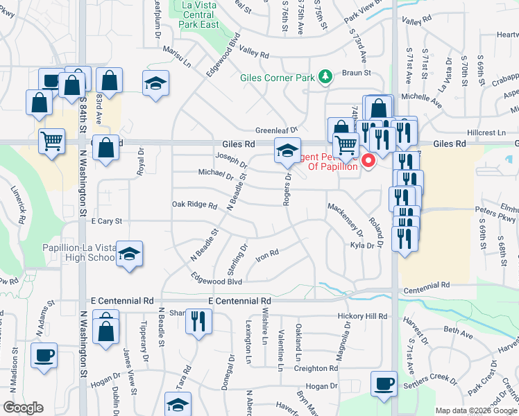 map of restaurants, bars, coffee shops, grocery stores, and more near 904 Elmhurst Drive in Papillion