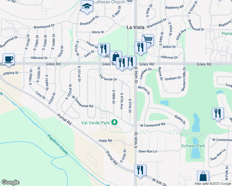 map of restaurants, bars, coffee shops, grocery stores, and more near 8604 South 97th Avenue in La Vista