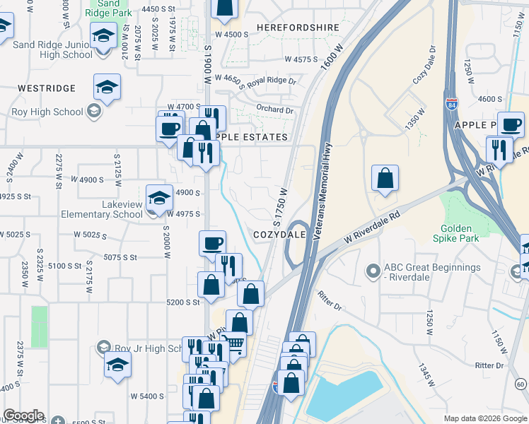 map of restaurants, bars, coffee shops, grocery stores, and more near 1775 West 5025 South in Roy