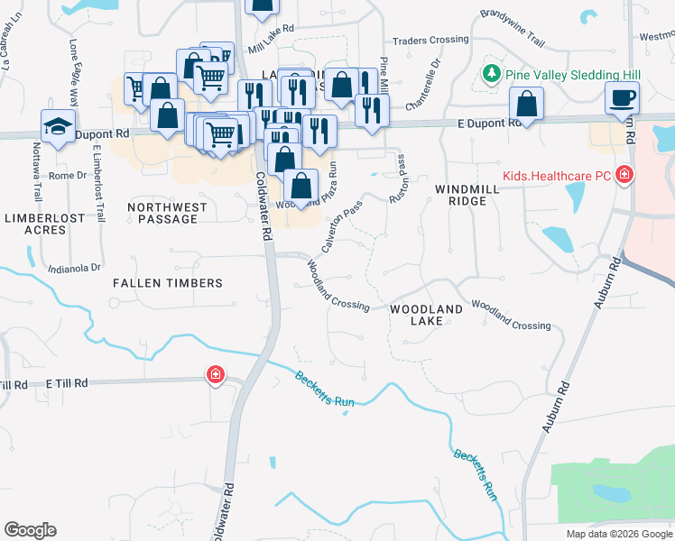 map of restaurants, bars, coffee shops, grocery stores, and more near 10112 Calverton Pass in Fort Wayne