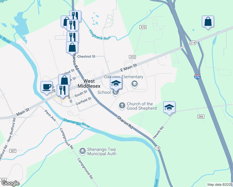 map of restaurants, bars, coffee shops, grocery stores, and more near 3591 Sharon Road in West Middlesex