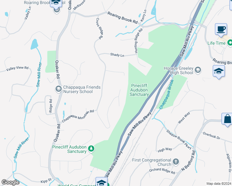 map of restaurants, bars, coffee shops, grocery stores, and more near 63 Mount Peak Road in Chappaqua