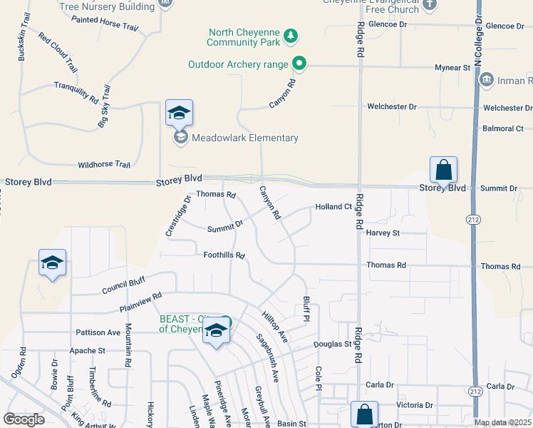 map of restaurants, bars, coffee shops, grocery stores, and more near 6054-6088 Canyon Road in Cheyenne