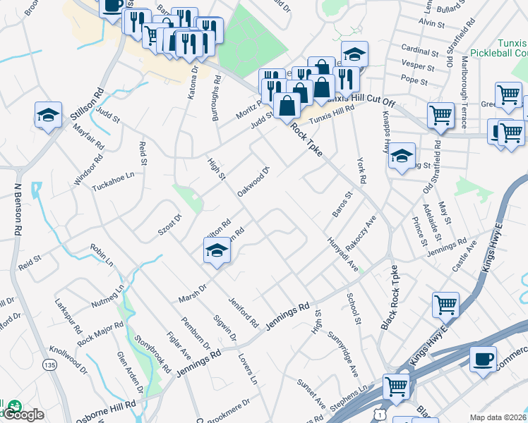 map of restaurants, bars, coffee shops, grocery stores, and more near 40 Country Road in Fairfield