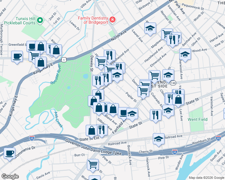 map of restaurants, bars, coffee shops, grocery stores, and more near 1018 Hancock Avenue in Bridgeport