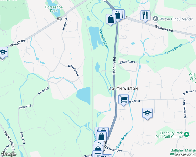 map of restaurants, bars, coffee shops, grocery stores, and more near 33 Arrowhead Road in Wilton