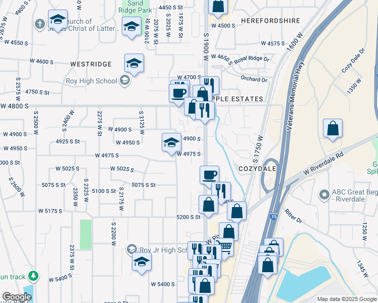 map of restaurants, bars, coffee shops, grocery stores, and more near 1952 West 4975 South in Roy