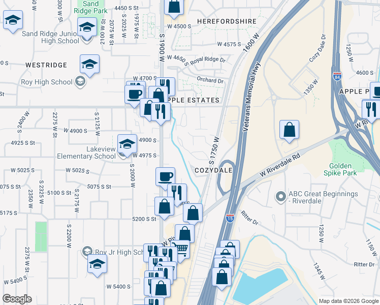 map of restaurants, bars, coffee shops, grocery stores, and more near 1818 W 5050 S in Roy
