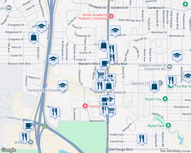 map of restaurants, bars, coffee shops, grocery stores, and more near 147 Brookfield Court in Cheyenne