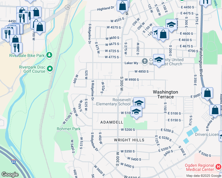 map of restaurants, bars, coffee shops, grocery stores, and more near 4939 South 300 West in Ogden
