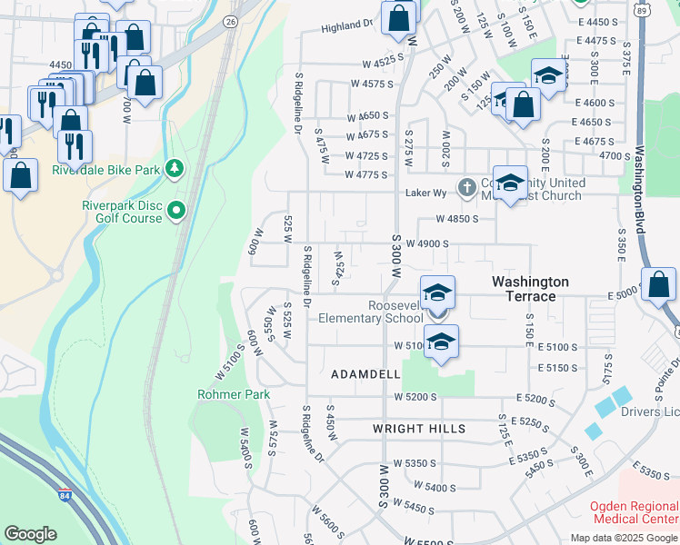 map of restaurants, bars, coffee shops, grocery stores, and more near 4940 South 425 West in Washington Terrace