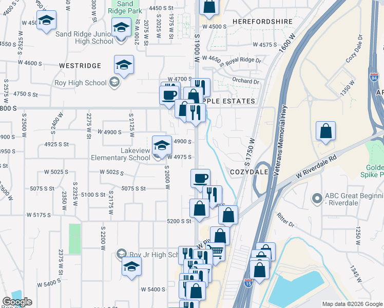 map of restaurants, bars, coffee shops, grocery stores, and more near in Roy