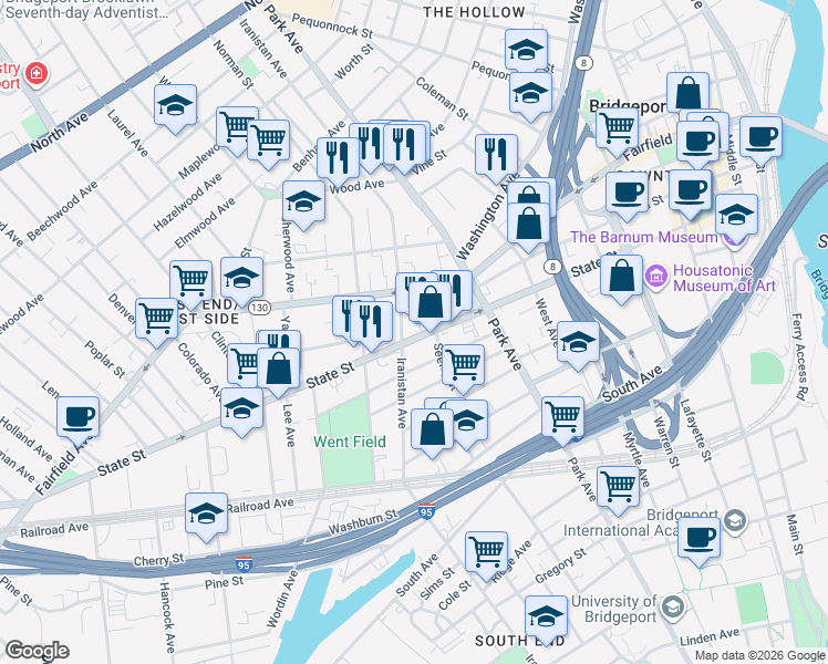 map of restaurants, bars, coffee shops, grocery stores, and more near 812 State Street in Bridgeport