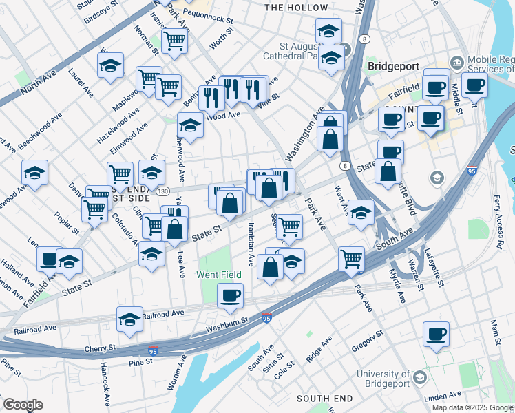 map of restaurants, bars, coffee shops, grocery stores, and more near 946 Iranistan Avenue in Bridgeport