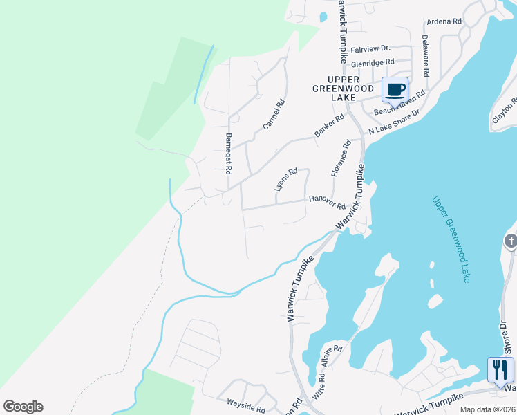 map of restaurants, bars, coffee shops, grocery stores, and more near 58 Hanover Road in West Milford