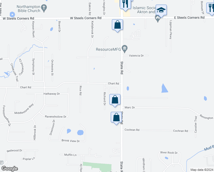 map of restaurants, bars, coffee shops, grocery stores, and more near 85 Nestico Drive in Cuyahoga Falls