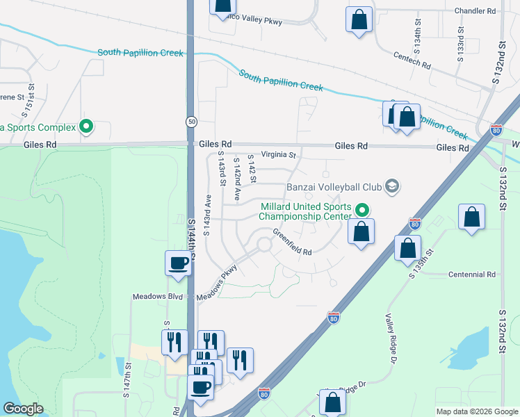 map of restaurants, bars, coffee shops, grocery stores, and more near 14111 Rose Lane Road in Omaha