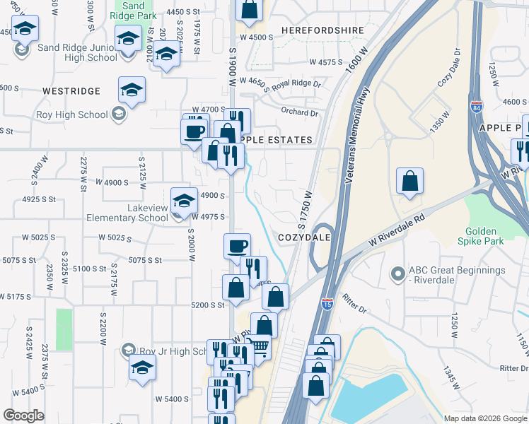 map of restaurants, bars, coffee shops, grocery stores, and more near 1829 West 5050 South in Roy