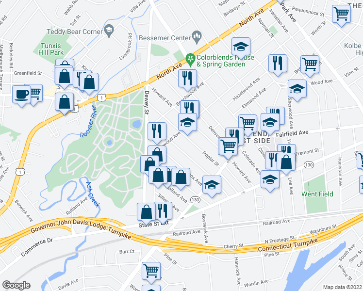 map of restaurants, bars, coffee shops, grocery stores, and more near 1018 Hancock Avenue in Bridgeport