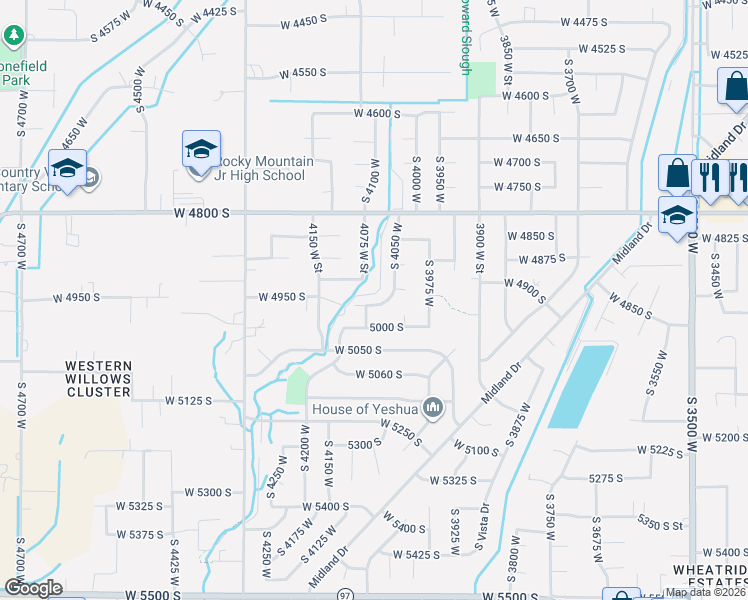 map of restaurants, bars, coffee shops, grocery stores, and more near 4060 West 4950 South in Roy