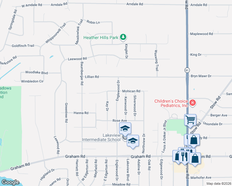 map of restaurants, bars, coffee shops, grocery stores, and more near 1645 Mohican Road in Stow