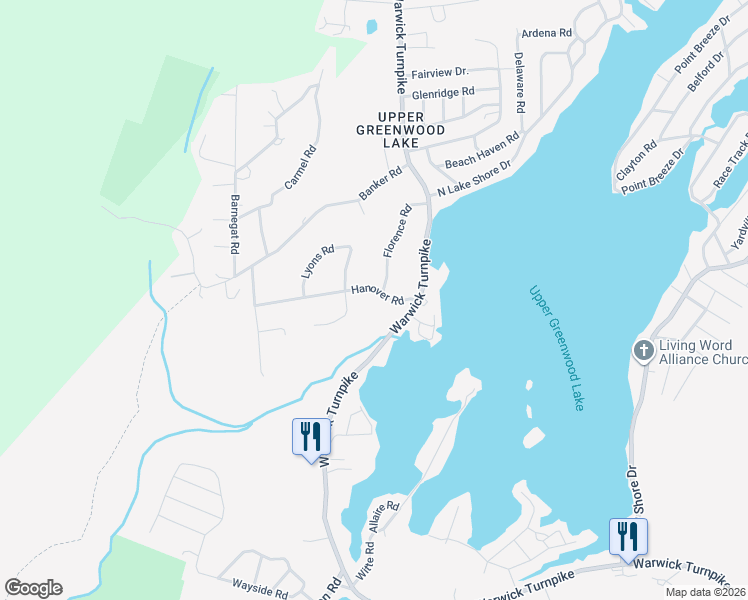 map of restaurants, bars, coffee shops, grocery stores, and more near 23 Hanover Road in West Milford