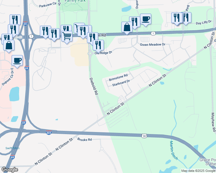 map of restaurants, bars, coffee shops, grocery stores, and more near 9800 Foraker Drive in Fort Wayne