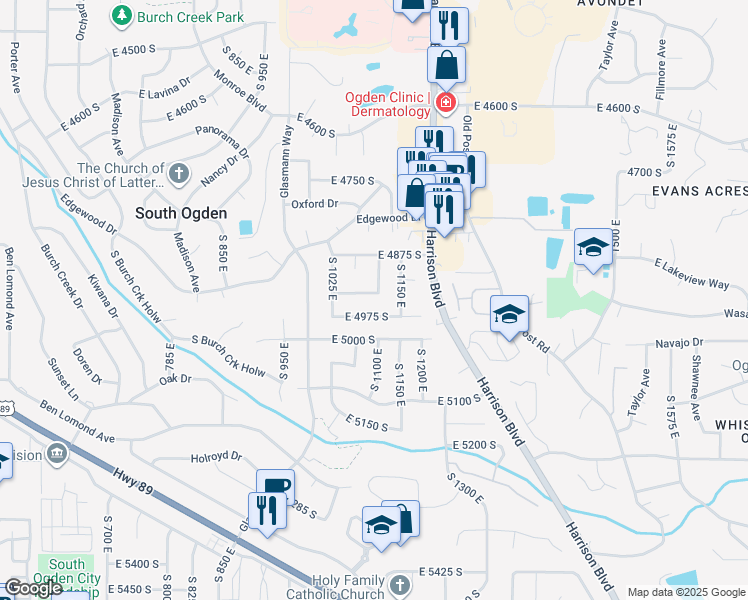 map of restaurants, bars, coffee shops, grocery stores, and more near 1095 East 4925 South in Ogden