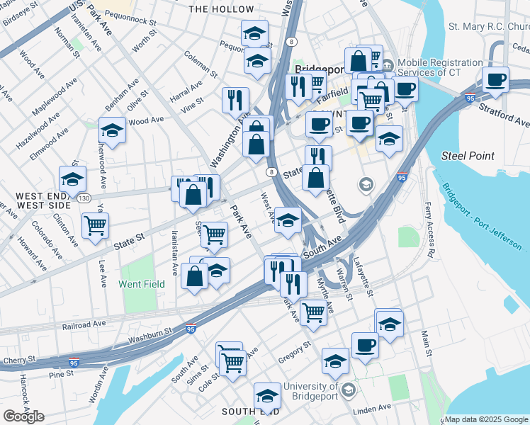map of restaurants, bars, coffee shops, grocery stores, and more near 299 West Avenue in Bridgeport